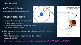 ØCircular Motion
Motion of a body along a circular path.
• Derived from Latin words centrum for "centre"
and petere, meaning "to seek."
ØCentripetal force
• keep an object moving in a circular path
• directed toward the centre.
Let us recall…….
ØThe same way, there exists a force between the SUN and the
PLANETS
AND there exists a force between the MOON
and the EARTH
This force of attraction between objects is called the GRAVITATIONAL FORCE
 