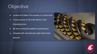 Objective
● Loosen and fasten Torx screws in a cutter body
● Torque screws to 35 in-lbs without cross
threading errors
● No time constraints related to performance
● Integrate with carousel and cutter body linear
actuator
 