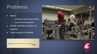 Problems
● Motors
○ Unable to read torque values
○ Lack of error detection
● Flexible shaft did not perform as
expected
● Linear actuator is imprecise
 
