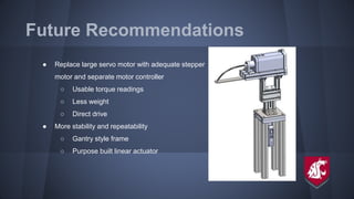 Future Recommendations
● Replace large servo motor with adequate stepper
motor and separate motor controller
○ Usable torque readings
○ Less weight
○ Direct drive
● More stability and repeatability
○ Gantry style frame
○ Purpose built linear actuator
 