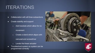 ITERATIONS
● Collaboration with all three subsections
● Create stability and support
o Add brackets which allow for no
movement
o Create a stand which aligns with
carousel and screwdriver
o Levels the linear actuator
● Troubleshoot system so system can be
programmed correctly
 