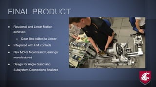FINAL PRODUCT
● Rotational and Linear Motion
achieved
o Gear Box Added to Linear
● Integrated with HMI controls
● New Motor Mounts and Bearings
manufactured
● Design for Angle Stand and
Subsystem Connections finalized
 