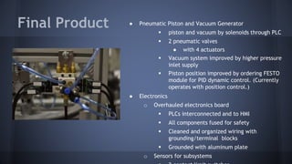 Final Product ● Pneumatic Piston and Vacuum Generator
 piston and vacuum by solenoids through PLC
 2 pneumatic valves
● with 4 actuators
 Vacuum system improved by higher pressure
inlet supply
 Piston position improved by ordering FESTO
module for PID dynamic control. (Currently
operates with position control.)
● Electronics
o Overhauled electronics board
 PLCs interconnected and to HMI
 All components fused for safety
 Cleaned and organized wiring with
grounding/terminal blocks
 Grounded with aluminum plate
o Sensors for subsystems
 
