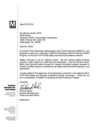 Washington Metro 2014 APTA Rail Safety and Security Excellence Award Nomination