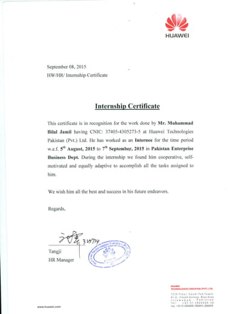 Huawei Technologies Co Ltd Internship Certificate