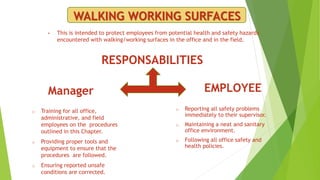 WALKING WORKING SURFACES
• This is intended to protect employees from potential health and safety hazards
encountered with walking/working surfaces in the office and in the field.
RESPONSABILITIES
o Training for all office,
administrative, and field
employees on the procedures
outlined in this Chapter.
o Providing proper tools and
equipment to ensure that the
procedures are followed.
o Ensuring reported unsafe
conditions are corrected.
Manager EMPLOYEE
o Reporting all safety problems
immediately to their supervisor.
o Maintaining a neat and sanitary
office environment.
o Following all office safety and
health policies.
 