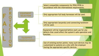 F
A
L
L
P
R
O
T
E
C
T
I
O
N
EQUIPMENT
SELECTION
Select compatible components for PFAS/PFRS in
accordance with the international requirements.
Only appropriate full body harnesses will be used.
Only appropriate lanyard(s) and connecting hardware
will be used.
Equipment will be inspected before each use for any
defects that could affect the system’s safe operation and
function.
Equipment
Implementation
Use of existing anchor points: many such devices may be
customized to systems on a site with the employer
having the appropriate specific devices.
 