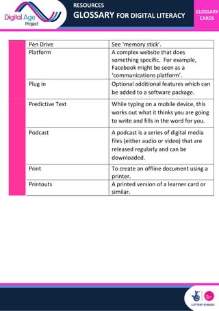 RESOURCES
GLOSSARY FOR DIGITAL LITERACY
GLOSSARY
CARDS
Pen Drive See ‘memory stick’.
Platform A complex website that does
something specific. For example,
Facebook might be seen as a
‘communications platform’.
Plug in Optional additional features which can
be added to a software package.
Predictive Text While typing on a mobile device, this
works out what it thinks you are going
to write and fills in the word for you.
Podcast A podcast is a series of digital media
files (either audio or video) that are
released regularly and can be
downloaded.
Print To create an offline document using a
printer.
Printouts A printed version of a learner card or
similar.
 