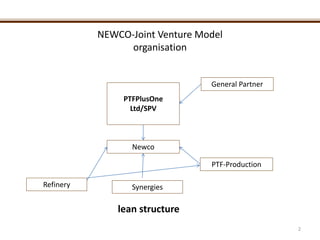 NEWCO-Joint Venture Model
organisation
PTFPlusOne
Ltd/SPV
Newco
General Partner
PTF-Production
Refinery
lean structure
2
Synergies
 