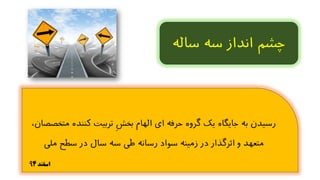 ‫م‬ ‫کننده‬ ‫تربیت‬ ِ‫ش‬‫بخ‬ ‫الهام‬ ‫ای‬ ‫حرفه‬ ‫گروه‬ ‫یک‬ ‫جایگاه‬ ‫به‬ ‫رسیدن‬،‫تخصصان‬
‫ملی‬ ‫سطح‬ ‫در‬ ‫سال‬ ‫سه‬ ‫طی‬ ‫رسانه‬ ‫سواد‬ ‫زمینه‬ ‫در‬ ‫اثرگذار‬ ‫و‬ ‫متعهد‬
‫ساله‬ ‫سه‬ ‫انداز‬ ‫چشم‬
‫اسفند‬94
 