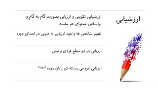 ‫ارزشیابی‬‫ب‬ ‫گام‬ ‫بصورت‬ ‫ارزیابی‬ ‫و‬ ‫تکوینی‬ ‫ارزشیابی‬‫و‬ ‫گام‬ ‫ه‬
‫جلسه‬ ‫هر‬ ‫محتوای‬ ‫براساس‬
‫اب‬ ‫در‬ ‫متربی‬ ‫به‬ ‫ارزیابی‬ ‫نحوه‬ ‫و‬ ‫ها‬ ‫شاخص‬ ‫تفهیم‬‫دوره‬ ‫تدای‬
‫تیمی‬ ‫و‬ ‫فردی‬ ‫سطح‬ ‫دو‬ ‫در‬ ‫ارزیابی‬
‫دوره‬ ‫پایان‬ ‫ای‬ ‫رسانه‬ ‫خروجی‬ ‫ارزیابی‬(‫پروژه‬)
 