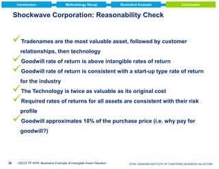 Introduction

Methodology Recap

Illustrative Example

Conclusion

Shockwave Corporation: Reasonability Check

Tradenames are the most valuable asset, followed by customer
relationships, then technology

Goodwill rate of return is above intangible rates of return
Goodwill rate of return is consistent with a start-up type rate of return
for the industry

The Technology is twice as valuable as its original cost
Required rates of returns for all assets are consistent with their risk
profile

Goodwill approximates 10% of the purchase price (i.e. why pay for
goodwill?)

30

OECD TP WP6: Illustrative Example of Intangible Asset Valuation

© 2009 Deloitte Touche VALUATORS
©THE CANADIAN INSTITUTE OF CHARTERED BUSINESS Tohmatsu

 