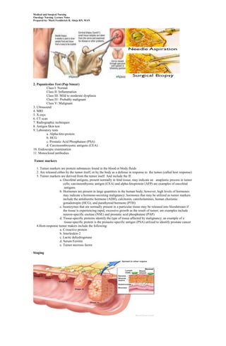 Medical and Surgical Nursing
Oncology Nursing Lecture Notes
Prepared by: Mark Fredderick R. Abejo RN, MAN




2. Papanicolao Test (Pap Smear)
          Class I: Normal
          Class II: Inflammation
          Class III: Mild to moderate dysplasia
          Class IV: Probably malignant
          Class V: Malignant
3. Ultrasound
4. MRI
5. X-rays
6. CT scan
7. Radiographic techniques
8. Antigen Skin test
9. Laboratory tests
          a. Alpha-feto-protein
          b. HCG
          c. Prostatic Acid Phosphatase (PSA)
          d. Carcinoembroyenic antigens (CEA)
10. Endoscopic examination
11. Monoclonal antibodies

Tumor markers

  1. Tumor markers are protein substances found in the blood or blody fluids
  2. Are released either by the tumor itself, or by the body as a defense in response to the tumor (called host response)
  3. Tumor markers are derived from the tumor itself. And include the ff:
                    a. Oncofetal antigens, present normally in fetal tissue, may indicate an anaplastic process in tumor
                       cells; carcinoembyonic antigen (CEA) and alpha-fetoprotein (AFP) are examples of oncofetal
                        antigens.
                    b. Hormones are present in large quantities in the human body; however, high levels of hormones
                       may indicate a hormone-secreting malignancy; hormones that may be utilized as tumor markers
                       include the antidiuretic hormone (ADH), calcitonin, catecholamines, human chorionic
                       gonadotropin (HCG), and parathyroid hormone (PTH)
                    c. Isoenzymes that are normally present in a particular tissue may be released into bloodstream if
                       the tissue is experiencing rapid, excessive growth as the result of tumor; are examples include
                       neuron-specific enolase (NSE) and prostatic acid phosphatase (PAP)
                    d. Tissue-specific proteins identify the type of tissue affected by malignancy; an example of a
                        tissue-specific protein is the protastic-specific antigen (PSA) utilized to identify prostate cancer
  4.Host-response tumor makers include the following:
                    a. C-reactive protein
                    b. Interleukin-2
                    c. Lactic dehydrogenase
                    d. Serum Ferritin
                    e. Tumor necrosis factor

Staging
 