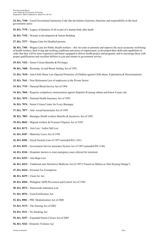Nursing Jurisprudence
Laws Affecting The Practice of Nursing
Prepared by: Mark Fredderick R. Abejo R.N, M.A.N


24. RA. 7160 – Local Government/Autonomy Code (the devolution of powers, functions and responsibility to the local
government units)

25. RA. 7170 – Legacy of donation of all or part of a human body after death

26. RA. 7192 – Women in development & Nation Building

27. RA. 7277 – Magna Carta for Disabled persons

28. RA. 7305 – Magna Carta for Public Health workers – this Act aims to promote and improve the socio-economic well-being
of health workers, their living and working conditions and terms of employment; to developed their skills and capabilities in
order that they will be more responsive and better equipped to deliver health project and programs; and to encourage those with
proper qualifications and excellent abilities to join and remain in government service.

29. RA. 7432 – Senior Citizen Benefits & Privileges

30. RA. 7600 – Rooming –In and Breast feeding Act of 1992

31. RA. 7610 – Anti-Child Abuse Law (Special Protection of Children against Child abuse, Exploitation & Discrimination)

32. RA. 7641 – New Retirement Law of employees in the Private Sector

33. RA. 7719 – National Blood Service Act of 1994

34. RA. 7846 – Requires compulsory immunization against Hepatitis B among infants and below 8 years old

35. RA. 7875 – National Health Insurance Act of 1995

36. RA. 7876 – Senior Citizen Center for Every Barangay

37. RA. 7877 – Anti- sexual harassment Act of 1995

38. RA. 7883 – Barangay Health workers Benefits & Incentives Act of 1992

39. RA. 8042 – Migrant workers & Overseas Filipinos Act of 1992

40. RA. 8172 – Asin Law / Iodize Salt Law

41. RA. 8187 – Maternity Leave Act of 1995

42. RA. 8282 – Social Security Law of 1997 (amended RA 1101)

43. RA. 8291 – Government Service Insurance System Act of 1997 (amended PD 1146)

44. RA. 8344 – Hospitals/ doctors to treat emergency cases referred for treatment

45. RA. 8353 – Anti-Rape Law

46. RA. 8423 – Traditional and Alternative Medicine Act of 1997 (“Gamot na Mabisa sa Abot Kayang Halaga”)

47. RA. 8424 – Personal Tax Exemptions

48. RA. 8479 – Clean Air Act

49. RA. 8504 – Philippine AIDS Prevention and Control Act of 1998

50. RA. 8972 – Nationwide Iodination Law

51. RA. 8976 – Food Fortification Act

52. RA. 8981 – PRC Modernization Act of 2000

53. RA. 9173 – The Nursing Act of 2002

54. RA. 9211 – No Smoking Act

55. RA. 9257 – Expanded Senior Citizen Act of 2003

56. RA. 9262 - Domestic Violence Act

Nursing Jurisprudence                                                                                  Abejo
 