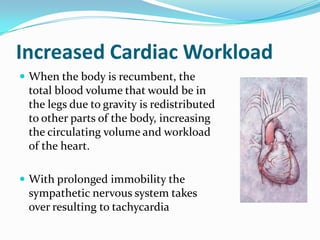 Increased Cardiac Workload
 When the body is recumbent, the
 total blood volume that would be in
 the legs due to gravity is redistributed
 to other parts of the body, increasing
 the circulating volume and workload
 of the heart.

 With prolonged immobility the
 sympathetic nervous system takes
 over resulting to tachycardia
 