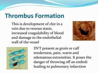 Thrombus Formation
  This is development of clot in a
  vein due to venous stasis,
  increased coagulability of blood
  and damage to the endothelial
  wall of the vessel
               DVT present as groin or calf
               tenderness, pain, warm and
               edematous extremities. It poses the
               danger of throwing off an emboli
               leading to pulmonary infarction
 