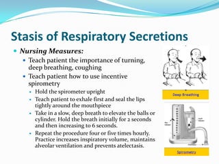 Stasis of Respiratory Secretions
 Nursing Measures:
    Teach patient the importance of turning,
     deep breathing, coughing
    Teach patient how to use incentive
     spirometry
        Hold the spirometer upright
        Teach patient to exhale first and seal the lips
         tightly around the mouthpiece
        Take in a slow, deep breath to elevate the balls or
         cylinder. Hold the breath initially for 2 seconds
         and then increasing to 6 seconds.
        Repeat the procedure four or five times hourly.
         Practice increases inspiratory volume, maintains
         alveolar ventilation and prevents atelectasis.
 