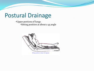 Postural Drainage
    •Upper portions of lungs
        •Sitting position at about a 45 angle




                    Sitting position at about 45 degrees
 
