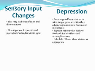 Sensory Input                           Depression
  Changes                            • Encourage self care that starts
• This may lead to confusion and     with simple gross activities then
disorientation                       advancing to complex, fine motor
                                     movements
• Orient patient frequently and      • Support patient with positive
place clock/ calendar within sight   feedback for his efforts and
                                     accomplishments
                                     • Schedule OT and allow visitors as
                                     appropriate
 