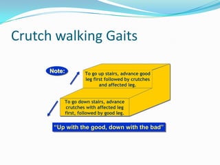 Crutch walking Gaits

      Note:        To go up stairs, advance good
                   leg first followed by crutches
                          and affected leg.


          To go down stairs, advance
          crutches with affected leg
          first, followed by good leg.


       “Up with the good, down with the bad”
       “Up                              bad”
 