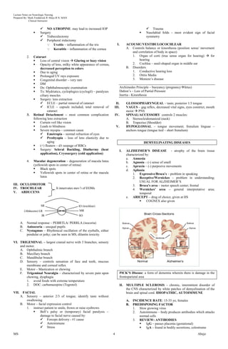 Lecture Notes on Neurologic Nursing
Prepared By: Mark Fredderick R Abejo R.N, MAN
              Clinical Instructor


                        NO ATROPINE: may lead to increased IOP                                           Trauma
                      Surgery                                                                          Nasolabial folds – most evident sign of facial
                        Trabeculectomy                                                                  symmetry
                        Peripheral iridectomy
                            Uveitis – inflammation of the iris                  I.        ACOUSIC/VESTIBULOCOCHLEAR
                            Keratitis – inflammation of the cornea                        A. Controls balance or kinesthesia (position sense/ movement
                                                                                              and correlation of body in space)
             2.   Cataract                                                                    1. Organ of corti (true sense organ for hearing)  for
                      Loss of central vision  Glaring or hazy vision                             hearing
                      Opacity of lens, milky white appearance of cornea,                     2. Cochlea – snail-shaped organ in middle ear
                       decreased perception to colors                                      B. Disorders
                      Due to aging                                                           1. Conductive hearing loss
                      Prolonged UV rays exposure                                             2. Otitis Media
                      Congenital disorder – very rare                                        3. Meniere’s disease
                      DM
                      Dx: Ophthalmoscopic examination                                Archimedes Principle – buoyancy (pregnancyfetus)
                      Tx: Mydriatics, cycloplegics (cyclogil) – paralyzes            Dalton’s – Law of Partial Pressure
                       ciliary muscles                                                Inertia - Kinesthesia
                      Surgery: lens extraction
                        ECLE – partial removal of cataract                   II.          GLOSSOPHARYNGEAL – taste; posterior 1/3 tongue
                        ICLE – capsule included, total removal of           III.          VAGUS – gag reflex, decreased vital signs, eyes constrict, mouth
                             cataract                                                      moist  PNS
             3.   Retinal Detachment – most common complication              IV.           SPINAL/ACCESSORY controls 2 muscles:
                  following lens extraction                                                A. Sternocleidomastoid (neck)
                      Curtain veil like vision                                            B. Trapezius (Shoulder)
                      Leads to blindness                                        V.        HYPOGLOSSAL – tongue movement; frenulum linguae –
                      Severe myopia – common cause                                        anchors tongue (tongue tied – short frenulum)
                        Emetropia – normal refraction of eyes
                        Presbyopia – loss of lens elasticity due to
                             aging                                                                      DEMYELINATING DISEASES
                      (+) floaters – d/t seepage of RBCs
                      Surgery: Scleral Buckling, Diathermy (heat                     I.   ALZHEIMER’S DISEASE - atrophy of the brain tissue
                       application), Cryosurgery (cold application)                        characterized by:
                                                                                           a. Amnesia
             4.   Macular degeneration – degeneration of macula lutea                      b. Agnosia – (-) sense of smell
                  (yellowish spots in center of retina)                                    c. Apraxia – (-) purposive movements
                      Black spots                                                         d. Aphasia
                      Yellowish spots in center of retina or the macula                        1. Expressive/Broca’s – problem in speaking
                       lutea                                                                    2. Receptive/Wernickes – problem in understanding;
                                                                                                     USUAL FOR ALZHEIMER’S
III. OCULOMOTOR                                                                                 3. Broca’s area – motor speech center; frontal
IV. TROCHLEAR                      It innervates mov’t of EOMs                                  4. Wernickes’ area – general interpretative area;
V. ABDUCENS                                                                                          temporal
                                                                                           e. ARICEPT – drug of choice, given at HS
                                                                                                         COGNEX also given
                        SR                         IO (trochlear)
            (Abducens) LR                           MR
                         IR                        SO

       A.    Normal response – PEBRTLA/ PERRLA (isocoria)
       B.    Anisocoria – unequal pupils
       C.    Nystagmus – Rhythmical oscillation of the eyeballs, either
             pendular or jerky; can be seen in MS, dilantin toxicity.

VI. TRIGEMINAL – largest cranial nerve with 3 branches; sensory
    and motor.
    A. Ophthalmic branch
    B. Maxillary branch
    C. Mandibular branch
    D. Sensory – controls sensation of face and teeth, mucous
        membrane and corneal reflex
    E. Motor – Mastication or chewing
    F. Trigeminal Neuralgia – characterized by severe pain upon                       PICK’S Disease: a form of dementia wherein there is damage in the
        chewing, dysphagia                                                            frontoparietal area
        1. avoid foods with extreme temperature
        2. DOC: carbamazepine (Tegretol)                                              II. MULTIPLE SCLEROSIS – chronic, intermittent disorder of
                                                                                          the CNS characterized by white patches of demyelination of the
VII.    FACIAL                                                                            brain and spinal cord. IDIOPATHIC, AUTOIMMUNE
       A. Sensory – anterior 2/3 of tongue; identify taste without
          swallowing                                                                       A.   INCIDENCE RATE: 15-35 yo, females
       B. Motor – facial expression control                                                B.   PREDISPOSING FACTOR
          1. instruct patient to smile, frown or raise eyebrows                                 1. Slow growing virus
                  Bell’s palsy or (temporary) facial paralysis –                               2. Autoimmune – body produces antibodies which attacks
                   damage to facial nerve caused by:                                               normal cells
                    Forceps delivery - #1 cause                                                3. REVIEW: ANTIBODIES
                    Autoimmune                                                                       IgG – passes placenta (gestational)
                    Stress                                                                           IgA – found in bodily secretions, colostrums
MS                                                                           4                                                                Abejo
 
