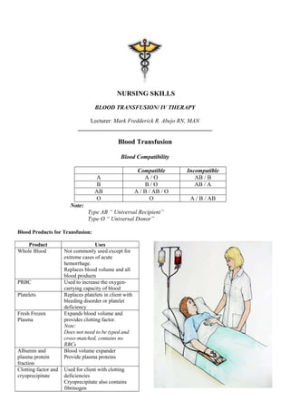 NURSING SKILLS
                                    BLOOD TRANSFUSION/ IV THERAPY

                                Lecturer: Mark Fredderick R. Abejo RN, MAN
                            ______________________________________________

                                                Blood Transfusion

                                                 Blood Compatibility

                                                           Compatible      Incompatible
                                    A                         A/O             AB / B
                                     B                        B/O             AB / A
                                    AB                    A / B / AB / O
                                    O                            O          A / B / AB
                        Note:
                                 Type AB “ Universal Recipient”
                                 Type O “ Universal Donor”

Blood Products for Transfusion:

    Product                          Uses
Whole Blood           Not commonly used except for
                      extreme cases of acute
                      hemorrhage.
                      Replaces blood volume and all
                      blood products
PRBC                  Used to increase the oxygen-
                      carrying capacity of blood
Platelets             Replaces platelets in client with
                      bleeding disorder or platelet
                      deficiency
Fresh Frozen          Expands blood volume and
Plasma                provides clotting factor.
                      Note:
                      Does not need to be typed and
                      cross-matched, contains no
                      RBCs
Albumin and           Blood volume expander
plasma protein        Provide plasma proteins
fraction
Clotting factor and   Used for client with clotting
cryoprecipitate       deficiencies
                      Cryoprecipitate also contains
                      fibrinogen
 