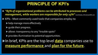 PRINCIPLE OF KPI’s
 “85% of organizational problems can be attributed to processes and
management, while workers are responsible for only 15%” Aurel Brudan, CEO of smartKPIs.com
 KPIs - Most commonly used tools that companies employ to
 help manage more effectively
 guide their progress.
 allows transparency to any “trouble-spots”
 provides illumination to potential opportunities.
In brief, KPIs are the top level data companies use to
measure performance and plan for the future.
 