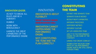 INNOVATIONLEADER
- (IS NOT TO BREAK ALL
RULES AND BE A
SUBVERT)
- HUMBLE
- WORK WITH
BEREAUCRACY
- HARNESS THE GREAT
CAPABILITIES OF THE
PERFORMANCE ENGINE
INNOVATION
- INNOVATION IS ABOUT
FLEXIBILITY
- WHAT WOULD MAKE
INNOVATION FAIL?
- INNOVATION CANNOT
HAPPEN INSIDE THE
PERFORMANCE
ENGINE
- NOT CONSTITUTING
THE TEAM AND THE
PLAN CORRECTLY
CONSTITUTING
THE TEAM
- DISTINCT AND SEPARATE TEAM
- SEPARATE PLAN IS NEEDED
- RECRUIT RIGHT CAPABILITIES
- DIFFERENT PROCESSES
- DEIFFERENT METRICS
- DIFFERENT CULTURE
- SET UP A DEDICATED TEAM
- LINK IT TO THE PERFORMANCE
ENGINE (TO USE SOME OF THE
CONTENT)
- LINKING THO CREATE CONFLICT
- SHARED STAFF BECAUSE SOME
PARTS OF THE PERFORMANCE
ENGINE ASSETS ARE STILL USEFUL
FOR BOX THREE
 