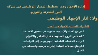 ‫شركة‬ ‫في‬ ‫الوظيفي‬ ‫المسار‬ ‫تخطيط‬ ‫ودور‬ ‫اإلجهاد‬ ‫إدارة‬
‫والتوزيع‬ ‫للتجزئة‬ ‫النور‬
‫العمل‬ ‫في‬ ‫لإلجهاد‬ ‫السلبية‬ ‫التأثيرات‬
1
.
. :
‫األهداف‬ ‫تحقيق‬ ‫في‬ ‫صعوبة‬ ‫واإلنتاجية‬ ‫األداء‬ ‫تراجع‬
2
.
. :
‫وااللتزام‬ ‫الحافز‬ ‫فقدان‬ ‫المعنوية‬ ‫الروح‬ ‫انخفاض‬
3
.
. :
‫النزاعات‬ ‫إلى‬ ‫يؤدي‬ ‫التوتر‬ ‫الداخلية‬ ‫الخالفات‬ ‫زيادة‬
4
.
:
‫من‬ ‫وانسحاب‬ ‫مرضية‬ ‫إجازات‬ ‫الغياب‬ ‫معدالت‬ ‫ارتفاع‬
.‫العمل‬
:
‫الوظيفي‬ ‫اإلجهاد‬ ‫آثار‬ ‫اوال‬
 