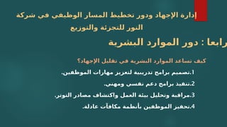 ‫شركة‬ ‫في‬ ‫الوظيفي‬ ‫المسار‬ ‫تخطيط‬ ‫ودور‬ ‫اإلجهاد‬ ‫إدارة‬
‫والتوزيع‬ ‫للتجزئة‬ ‫النور‬
‫اإلجهاد؟‬ ‫تقليل‬ ‫في‬ ‫البشرية‬ ‫الموارد‬ ‫تساعد‬ ‫كيف‬
1
.
.‫الموظفين‬ ‫مهارات‬ ‫لتعزيز‬ ‫تدريبية‬ ‫برامج‬ ‫تصميم‬
2
.
.‫ومهني‬ ‫نفسي‬ ‫دعم‬ ‫برامج‬ ‫تنفيذ‬
3
.
.‫التوتر‬ ‫مصادر‬ ‫واكتشاف‬ ‫العمل‬ ‫بيئة‬ ‫وتحليل‬ ‫مراقبة‬
4
.
.‫عادلة‬ ‫مكافآت‬ ‫بأنظمة‬ ‫الموظفين‬ ‫تحفيز‬
:
‫البشرية‬ ‫الموارد‬ ‫دور‬ ‫رابعا‬
 