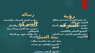 ‫العمل‬ ‫بيئة‬
:‫تتطلب‬ ‫تنافسية‬ ‫بيئة‬ ‫في‬ ‫تعمل‬

‫تغيرات‬ ‫مع‬ ‫والتكيف‬ ‫المرونة‬
‫السوق‬

‫وتحسين‬ ‫الرقمي‬ ‫التحول‬
‫رسالة‬
‫الشركة‬
📢
‫والخدمات‬ ‫المنتجات‬ ‫أفضل‬ ‫تقديم‬
:‫عبر‬
•
‫واالبتكار‬ ‫الجودة‬ ‫على‬ ‫التركيز‬
•
‫رضا‬ ‫وزيادة‬ ‫العمل‬ ‫بيئة‬ ‫تحسين‬
‫الموظفين‬
•
‫العمالء‬ ‫مع‬ ‫قوية‬ ‫عالقات‬ ‫بناء‬
‫والشركاء‬
‫رؤية‬
‫الشركة‬
🌟
‫قطاع‬ ‫في‬ ‫رائدة‬ ‫الشركة‬ ‫تصبح‬ ‫أن‬
:‫خالل‬ ‫من‬ ‫التجزئة‬
•
‫بأسعار‬ ‫الجودة‬ ‫عالية‬ ‫منتجات‬ ‫تقديم‬
‫مناسبة‬
•
‫واإلقليمي‬ ‫المحلي‬ ‫التوسع‬
•
‫التجارة‬ ‫عبر‬ ‫الرقمي‬ ‫الحضور‬ ‫تعزيز‬
‫اإللكترونية‬
 