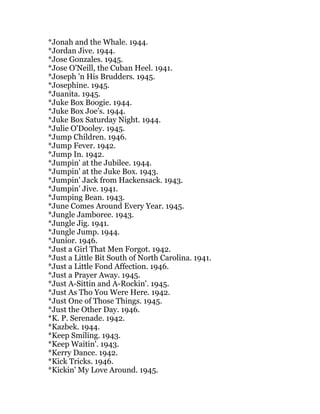 *Jonah and the Whale. 1944.
*Jordan Jive. 1944.
*Jose Gonzales. 1945.
*Jose O'Neill, the Cuban Heel. 1941.
*Joseph 'n His Brudders. 1945.
*Josephine. 1945.
*Juanita. 1945.
*Juke Box Boogie. 1944.
*Juke Box Joe's. 1944.
*Juke Box Saturday Night. 1944.
*Julie O'Dooley. 1945.
*Jump Children. 1946.
*Jump Fever. 1942.
*Jump In. 1942.
*Jumpin' at the Jubilee. 1944.
*Jumpin' at the Juke Box. 1943.
*Jumpin' Jack from Hackensack. 1943.
*Jumpin' Jive. 1941.
*Jumping Bean. 1943.
*June Comes Around Every Year. 1945.
*Jungle Jamboree. 1943.
*Jungle Jig. 1941.
*Jungle Jump. 1944.
*Junior. 1946.
*Just a Girl That Men Forgot. 1942.
*Just a Little Bit South of North Carolina. 1941.
*Just a Little Fond Affection. 1946.
*Just a Prayer Away. 1945.
*Just A-Sittin and A-Rockin'. 1945.
*Just As Tho You Were Here. 1942.
*Just One of Those Things. 1945.
*Just the Other Day. 1946.
*K. P. Serenade. 1942.
*Kazbek. 1944.
*Keep Smiling. 1943.
*Keep Waitin'. 1943.
*Kerry Dance. 1942.
*Kick Tricks. 1946.
*Kickin' My Love Around. 1945.
 