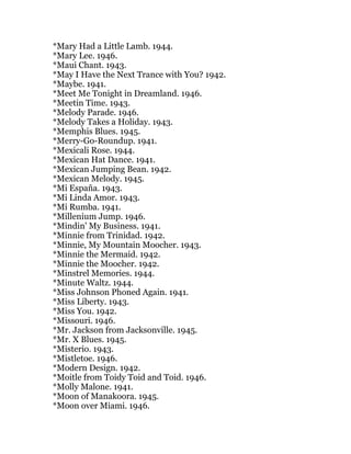 *Mary Had a Little Lamb. 1944.
*Mary Lee. 1946.
*Maui Chant. 1943.
*May I Have the Next Trance with You? 1942.
*Maybe. 1941.
*Meet Me Tonight in Dreamland. 1946.
*Meetin Time. 1943.
*Melody Parade. 1946.
*Melody Takes a Holiday. 1943.
*Memphis Blues. 1945.
*Merry-Go-Roundup. 1941.
*Mexicali Rose. 1944.
*Mexican Hat Dance. 1941.
*Mexican Jumping Bean. 1942.
*Mexican Melody. 1945.
*Mi España. 1943.
*Mi Linda Amor. 1943.
*Mi Rumba. 1941.
*Millenium Jump. 1946.
*Mindin' My Business. 1941.
*Minnie from Trinidad. 1942.
*Minnie, My Mountain Moocher. 1943.
*Minnie the Mermaid. 1942.
*Minnie the Moocher. 1942.
*Minstrel Memories. 1944.
*Minute Waltz. 1944.
*Miss Johnson Phoned Again. 1941.
*Miss Liberty. 1943.
*Miss You. 1942.
*Missouri. 1946.
*Mr. Jackson from Jacksonville. 1945.
*Mr. X Blues. 1945.
*Misterio. 1943.
*Mistletoe. 1946.
*Modern Design. 1942.
*Moitle from Toidy Toid and Toid. 1946.
*Molly Malone. 1941.
*Moon of Manakoora. 1945.
*Moon over Miami. 1946.
 