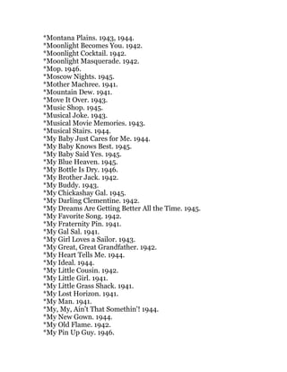 *Montana Plains. 1943, 1944.
*Moonlight Becomes You. 1942.
*Moonlight Cocktail. 1942.
*Moonlight Masquerade. 1942.
*Mop. 1946.
*Moscow Nights. 1945.
*Mother Machree. 1941.
*Mountain Dew. 1941.
*Move It Over. 1943.
*Music Shop. 1945.
*Musical Joke. 1943.
*Musical Movie Memories. 1943.
*Musical Stairs. 1944.
*My Baby Just Cares for Me. 1944.
*My Baby Knows Best. 1945.
*My Baby Said Yes. 1945.
*My Blue Heaven. 1945.
*My Bottle Is Dry. 1946.
*My Brother Jack. 1942.
*My Buddy. 1943.
*My Chickashay Gal. 1945.
*My Darling Clementine. 1942.
*My Dreams Are Getting Better All the Time. 1945.
*My Favorite Song. 1942.
*My Fraternity Pin. 1941.
*My Gal Sal. 1941.
*My Girl Loves a Sailor. 1943.
*My Great, Great Grandfather. 1942.
*My Heart Tells Me. 1944.
*My Ideal. 1944.
*My Little Cousin. 1942.
*My Little Girl. 1941.
*My Little Grass Shack. 1941.
*My Lost Horizon. 1941.
*My Man. 1941.
*My, My, Ain't That Somethin'! 1944.
*My New Gown. 1944.
*My Old Flame. 1942.
*My Pin Up Guy. 1946.
 