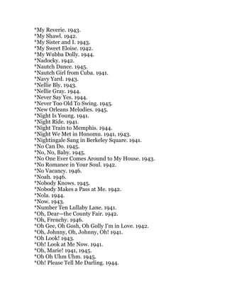 *My Reverie. 1943.
*My Shawl. 1942.
*My Sister and I. 1943.
*My Sweet Eloise. 1942.
*My Wubba Dolly. 1944.
*Nadocky. 1942.
*Nautch Dance. 1945.
*Nautch Girl from Cuba. 1941.
*Navy Yard. 1943.
*Nellie Bly. 1943.
*Nellie Gray. 1944.
*Never Say Yes. 1944.
*Never Too Old To Swing. 1945.
*New Orleans Melodies. 1945.
*Night Is Young. 1941.
*Night Ride. 1941.
*Night Train to Memphis. 1944.
*Night We Met in Honomu. 1941, 1943.
*Nightingale Sang in Berkeley Square. 1941.
*No Can Do. 1945.
*No, No, Baby. 1945.
*No One Ever Comes Around to My House. 1943.
*No Romance in Your Soul. 1942.
*No Vacancy. 1946.
*Noah. 1946.
*Nobody Knows. 1945.
*Nobody Makes a Pass at Me. 1942.
*Nola. 1944.
*Now. 1943.
*Number Ten Lullaby Lane. 1941.
*Oh, Dear—the County Fair. 1942.
*Oh, Frenchy. 1946.
*Oh Gee, Oh Gosh, Oh Golly I'm in Love. 1942.
*Oh, Johnny, Oh, Johnny, Oh! 1941.
*Oh Look! 1943.
*Oh! Look at Me Now. 1941.
*Oh, Marie! 1941, 1945.
*Oh Oh Uhm Uhm. 1945.
*Oh! Please Tell Me Darling. 1944.
 