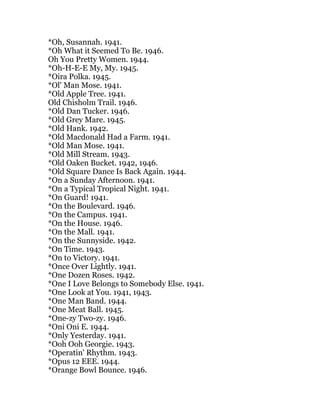 *Oh, Susannah. 1941.
*Oh What it Seemed To Be. 1946.
Oh You Pretty Women. 1944.
*Oh-H-E-E My, My. 1945.
*Oira Polka. 1945.
*Ol' Man Mose. 1941.
*Old Apple Tree. 1941.
Old Chisholm Trail. 1946.
*Old Dan Tucker. 1946.
*Old Grey Mare. 1945.
*Old Hank. 1942.
*Old Macdonald Had a Farm. 1941.
*Old Man Mose. 1941.
*Old Mill Stream. 1943.
*Old Oaken Bucket. 1942, 1946.
*Old Square Dance Is Back Again. 1944.
*On a Sunday Afternoon. 1941.
*On a Typical Tropical Night. 1941.
*On Guard! 1941.
*On the Boulevard. 1946.
*On the Campus. 1941.
*On the House. 1946.
*On the Mall. 1941.
*On the Sunnyside. 1942.
*On Time. 1943.
*On to Victory. 1941.
*Once Over Lightly. 1941.
*One Dozen Roses. 1942.
*One I Love Belongs to Somebody Else. 1941.
*One Look at You. 1941, 1943.
*One Man Band. 1944.
*One Meat Ball. 1945.
*One-zy Two-zy. 1946.
*Oni Oni E. 1944.
*Only Yesterday. 1941.
*Ooh Ooh Georgie. 1943.
*Operatin' Rhythm. 1943.
*Opus 12 EEE. 1944.
*Orange Bowl Bounce. 1946.
 