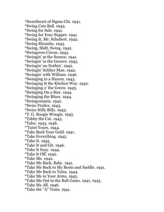 *Sweetheart of Sigma Chi. 1941.
*Swing Cats Ball. 1943.
*Swing for Sale. 1941.
*Swing for Your Supper. 1941.
*Swing It, Mr. Schubert. 1942.
*Swing Rhumba. 1945.
*Swing, Shift, Swing. 1942.
*Swingeroo Circus. 1943.
*Swingin' at the Seance. 1941.
*Swingin' in the Groove. 1945.
*Swingin' on Nothin'. 1942.
*Swingin' Soldier Man. 1942.
*Swingin' with William. 1946.
*Swinging in a Harem. 1943.
*Swinging It the Kitchen Way. 1942.
*Swinging o' the Green. 1943.
*Swinging On a Star. 1944.
*Swinging the Blues. 1944.
*Swingomania. 1942.
*Swiss Frolics. 1943.
*Swiss Hilly Billy. 1943.
*T. G. Boogie Woogie. 1945.
*Tabby the Cat. 1945.
*Tabu. 1943, 1946.
*'Taint Yours. 1944.
*Take Back Your Gold. 1941.
*Take Everything. 1945.
*Take It. 1945.
*Take It and Git. 1946.
*Take It Easy. 1944.
*Take It Off. 1942.
*Take Me. 1942.
*Take Me Back, Baby. 1941.
*Take Me Back to My Boots and Saddle. 1941.
*Take Me Back to Tulsa. 1944.
*Take Me in Your Arms. 1945.
*Take Me Out to the Ball Game. 1941, 1945.
*Take My All. 1946.
*Take the "A" Train. 1941.
 