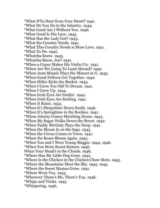 *What D'Ya Hear from Your Heart? 1941.
*What Do You Do in the Infantry. 1944.
*What Good Am I Without You. 1946.
*What Good Is His Love. 1943.
*What Has the Lady Got? 1943.
*What the Country Needs. 1941.
*What This Country Needs is More Love. 1941.
*What To Do. 1942.
*Whatcha Know. 1943.
*Whatcha Know, Joe? 1941.
*When a Gypsy Makes His Violin Cry. 1941.
*When Are We Going To Land Abroad? 1942.
*When Aunt Minnie Plays the Minuet in G. 1945.
*When Good Fellows Get Together. 1942.
*When Hitler Kicks the Bucket. 1943.
*When I Grow Too Old To Dream. 1941.
*When I Grow Up. 1944.
*When Irish Eyes Are Smilin'. 1942.
*When Irish Eyes Are Smiling. 1941.
*When It Rains. 1943.
*When It's Sleepytime Down South. 1946.
*When It's Springtime in the Rockies. 1941.
*When Johnny Comes Marching Home. 1943.
*When My Sugar Walks Down the Street. 1942.
*When Paddy McGinty Plays the Harp. 1941.
*When the Bloom Is on the Sage. 1945.
*When the Circus Comes to Town. 1941.
*When the Roses Bloom Again. 1942.
*When You and I Were Young Maggie. 1944, 1946.
*When You Were Sweet Sixteen. 1946.
When Your Head's in the Clouds. 1946.
*Where Has My Little Dog Gone. 1942.
*Where Is the Chicken in the Chicken Chow Mein. 1945.
*Where the Mountains Meet the Sky. 1942, 1945.
*Where the Sweet Mamas Grow. 1941.
*Where Were You. 1943.
*Wherever There's Me, There's You. 1946.
*Whips and Tricks. 1945.
*Whispering. 1946.
 