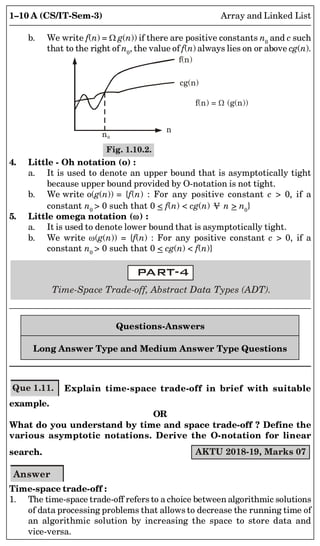 1–10 A (CS/IT-Sem-3) Array and Linked List
b. We write f(n) = g(n)) if there are positive constants n0
and c such
that to the right of n0
, the value of f(n) always lies on or above cg(n).
f(n) = (g(n))

f(n)
cg(n)
n0
n
Fig. 1.10.2.
4. Little - Oh notation (o) :
a. It is used to denote an upper bound that is asymptotically tight
because upper bound provided by O-notation is not tight.
b. We write o(g(n)) = {f(n) : For any positive constant c > 0, if a
constant n0
> 0 such that 0 < f(n) < cg(n) V n > n0
}
5. Little omega notation () :
a. It is used to denote lower bound that is asymptotically tight.
b. We write(g(n)) = {f(n) : For any positive constant c > 0, if a
constant n0
> 0 such that 0 < cg(n) < f(n)}
Time-Space Trade-off, Abstract Data Types (ADT).
Questions-Answers
Long Answer Type and Medium Answer Type Questions
Que 1.11. Explain time-space trade-off in brief with suitable
example.
OR
What do you understand by time and space trade-off ? Define the
various asymptotic notations. Derive the O-notation for linear
search. AKTU 2018-19, Marks 07
Answer
Time-space trade-off :
1. The time-space trade-off refers to a choice between algorithmic solutions
of data processing problems that allows to decrease the running time of
an algorithmic solution by increasing the space to store data and
vice-versa.
 