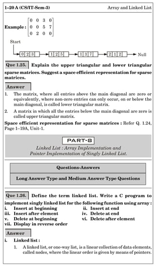 1–20 A (CS/IT-Sem-3) Array and Linked List
Example :
0 0 3 0
0 0 5 7
0 2 0 0
 
 
 
 
 
Start
0 2 3 1 2 5 1 3 7 2 1 2 Null
Que 1.25. Explain the upper triangular and lower triangular
sparse matrices. Suggest a space efficient representation for sparse
matrices.
Answer
1. The matrix, where all entries above the main diagonal are zero or
equivalently, where non-zero entries can only occur, on or below the
main diagonal, is called lower triangular matrix.
2. A matrix in which all the entries below the main diagonal are zero is
called upper triangular matrix.
Space efficient representation for sparse matrices : Refer Q. 1.24,
Page 1–19A, Unit-1.
Linked List : Array Implementation and
Pointer Implementation of Singly Linked List.
Questions-Answers
Long Answer Type and Medium Answer Type Questions
Que 1.26. Define the term linked list. Write a C program to
implement singly linked list for the following function using array :
i. Insert at beginning ii. Insert at end
iii. Insert after element iv. Delete at end
v. Delete at beginning vi. Delete after element
vii. Display in reverse order
Answer
i. Linked list :
1. A linked list, or one-way list, is a linear collection of data elements,
called nodes, where the linear order is given by means of pointers.
 