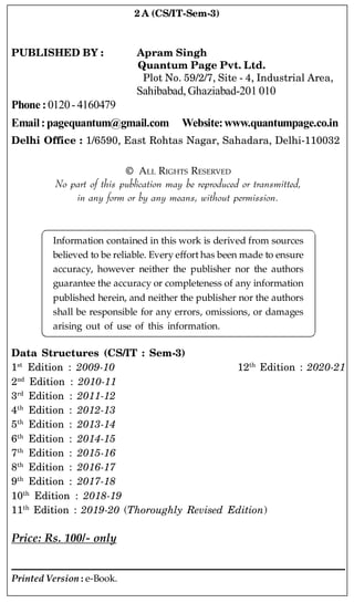 PUBLISHED BY : Apram Singh
Quantum Page Pvt. Ltd.
Plot No. 59/2/7, Site - 4, Industrial Area,
Sahibabad, Ghaziabad-201 010
Phone :0120-4160479
Email:pagequantum@gmail.com Website:www.quantumpage.co.in
Delhi Office : 1/6590, East Rohtas Nagar, Sahadara, Delhi-110032
© ALL RIGHTS RESERVED
No part of this publication may be reproduced or transmitted,
in any form or by any means, without permission.
Information contained in this work is derived from sources
believed to be reliable. Every effort has been made to ensure
accuracy, however neither the publisher nor the authors
guarantee the accuracy or completeness of any information
published herein, and neither the publisher nor the authors
shall be responsible for any errors, omissions, or damages
arising out of use of this information.
Data Structures (CS/IT : Sem-3)
1st
Edition : 2009-10 12th
Edition : 2020-21
2nd
Edition : 2010-11
3rd
Edition : 2011-12
4th
Edition : 2012-13
5th
Edition : 2013-14
6th
Edition : 2014-15
7th
Edition : 2015-16
8th
Edition : 2016-17
9th
Edition : 2017-18
10th
Edition : 2018-19
11th
Edition : 2019-20 (Thoroughly Revised Edition)
Price: Rs. 100/- only
Printed Version : e-Book.
2 A (CS/IT-Sem-3)
 
