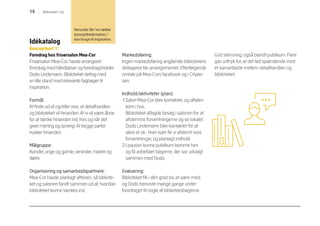 15 Biblioteket i City
Idékatalog
Konceptkort 1:
Foredrag hos frisørsalon Mea-Cor
Frisørsalon Mea-Cor, havde arrangeret
foredrag med håndlæser og foredragsholder
Dodo Lindemann. Biblioteket deltog med
en lille stand med relevante fagbøger til
inspiration.
Formål:
At finde ud af og/eller vise, at detailhandlen
og biblioteket vil hinanden. At vi vil være åbne
for at tænke hinanden ind, hvis og når det
giver mening og synergi. At begge parter
husker hinanden.
Målgruppe:
Kvinder, unge og gamle, veninder, mødre og
døtre.
Organisering og samarbejdspartnere:
Mea-Cor havde planlagt aftenen, så bibliote-
ket og salonen fandt sammen ud af, hvordan
biblioteket kunne tænkes ind.
Markedsføring:
Ingen markedsføring angående bibliotekets
deltagelse før arrangementet. Efterfølgende
omtale på Mea-Cors facebook og i Cityavi-
sen.
Indhold/aktiviteter (plan):
1.Salon Mea-Cor blev kontaktet, og aftalen
kom i hus.
Biblioteket aflagde besøg i salonen for at
afstemme forventningerne og se lokalet.
Dodo Lindemann blev kontaktet for at
sikre et ok. Hver især fik vi afstemt vore
forventninger, og planlagt indhold.
2.I pausen kunne publikum komme hen
og få anbefalet bøgerne, der var udvalgt
sammen med Dodo.
Evaluering:
Biblioteket fik i dén grad lov at være med,
og Dodo henviste mange gange under
foredraget til nogle af biblioteksbøgerne.
God stemning, også blandt publikum. Flere
gav udtryk for, at det lød spændende med
et samarbejde mellem detailhandlen og
biblioteket.
Herunder får I en række
konceptbeskrivelser, I
kan bruge til inspiration.
 