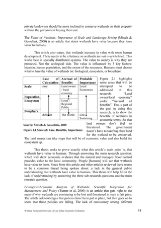 Wetland Ecosystem Services: A Use Value Economic Evaluation 14
private landowner should be more inclined to conserve wetlands on their property
without the government buying them out.
The Value of Wetlands: Importance of Scale and Landscape Setting (Mitsch &
Gosselink, 2000) is an article that states wetlands have value because they have
value to humans.
This article also states, that wetlands increase in value with some human
development. There needs to be a balance so wetlands are not overwhelmed. This
works best in spatially distributed systems. The value to society is why they are
protected. Not the ecological side. The value is influenced by 3 key factors:
location, human population, and the extent of the resources. Humans must choose
what to base the value of wetlands on: biological, ecosystem, or biosphere.
Figure 2.1 highlights
some areas that will be
attempted to be
addressed in this
research: “Land
owner/local economy”
under “Accrual of
benefits”. That’s part of
the goal in doing this
research, is to show the
benefits of wetlands in
economic terms. So that
land owners don’t feel so
threatened. The government
doesn’t have to take/buy their land
for the wetland to be conserved.
The land owner can take steps that will be of economic value and also build the
ecosystem up.
This thesis seeks to prove exactly what this article’s main point is, that
wetlands have value to humans. Through answering the main research question:
which will show economic evidence that the natural and managed flood control
provides value to the local community. People [humans] will see that wetlands
have value to them. Since from this article and other articles reviewed there seems
to be a common thread being spoken about: a lack in the general public
understanding that wetlands have value to humans. This thesis will help fill in the
lack of understanding by answering the three sub-research questions and the main
research question.
Ecological-Economic Analysis of Wetlands: Scientific Integration for
Management and Policy (Turner et al, 2000) is an article that gets right to the
meat of why wetlands are continuing to be lost and threatened at such a fast pace.
The article acknowledges that policies have been put in place, but then goes on to
show that these policies are failing. The lack of consistency among different
Ease of
Calculation
Accrual of
Benefits
Probable
Importance
Scale easy Land owner
/ local
economy
Local
Economies
Population
Ecosystem Local /
Regional
Public
Biosphere
difficult The World Life-
Sustaining
Source: Mitsch & Gosselink, 2000
Figure 2.1 Scale of: Ease, Benefits, Importance
 