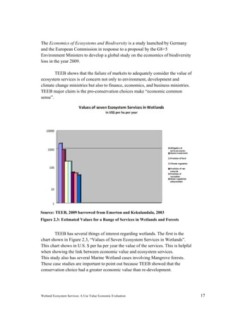 Wetland Ecosystem Services: A Use Value Economic Evaluation 17
The Economics of Ecosystems and Biodiversity is a study launched by Germany
and the European Commission in response to a proposal by the G8+5
Environment Ministers to develop a global study on the economics of biodiversity
loss in the year 2009.
TEEB shows that the failure of markets to adequately consider the value of
ecosystem services is of concern not only to environment, development and
climate change ministries but also to finance, economics, and business ministries.
TEEB major claim is the pro-conservation choices make “economic common
sense”.
TEEB has several things of interest regarding wetlands. The first is the
chart shown in Figure 2.3, “Values of Seven Ecosystem Services in Wetlands”.
This chart shows in U.S. $ per ha per year the value of the services. This is helpful
when showing the link between economic value and ecosystem services.
This study also has several Marine Wetland cases involving Mangrove forests.
These case studies are important to point out because TEEB showed that the
conservation choice had a greater economic value than re-development.
Source: TEEB, 2009 barrowed from Emerton and Kekulandala, 2003
Figure 2.3: Estimated Values for a Range of Services in Wetlands and Forests 
 