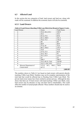 Wetland Ecosystem Services: A Use Value Economic Evaluation 45
6.3 Affected Land
In this section the two categories of land: land owners and land use, along with
roads will be examined. In addition the economic factor will also be examined.
6.3.1 Land Owners
Table 6.2 Land Owners Boarding 5-Mile Lane Ditch (East Branch of Squaw Creek)
The numbers shown in Table 6.2 are based on land owners with parcels directly
touching 5-Mile Lane Ditch. Numbers may not be complete representation of the
total land that would be affected due to flooding from 5-Mile Lane Ditch. The
private land owner names have been omitted to protect privacy. Although the data
shows that there are 18 land owners with land touching 5-Mile Lane Ditch, some
land owners may be absentee or may rent their land to shareholders. This could
affect the number of actual people affected. These numbers should only be used as
an estimate.
Land Owner Acres Total Acres
 34.4, 26.4, 42.1 102.9
 39.3 39.3
 41.8, 27.6 69.4
 42.3, 198.9 241.2
 78.9, 77.5 156.4
 40 40
 40.9 40.9
 37.4, 39 76.4
 80.3, 196.4 276.7
 75.8 75.8
 27.9, 37.5 65.4
 18.5, 78.5 97
 79.7, 47.9 127.6
 22 22
 206.5 206.5
 19.5, 49.15, 74.4 143.05
 212.2, 19.8, 39.5 271.5
 Missouri Department of
Conservation
113.4, 34.1, 186.1,
417.2
750.8
2,802.85
 