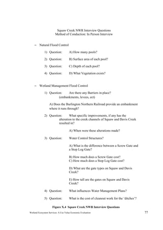 Wetland Ecosystem Services: A Use Value Economic Evaluation 77
Squaw Creek NWR Interview Questions
Method of Conduction: In Person Interview
– Natural Flood Control
1) Question: A) How many pools?
2) Question: B) Surface area of each pool?
3) Question: C) Depth of each pool?
4) Question: D) What Vegetation exists?
– Wetland Management Flood Control
1) Question: Are there any Barriers in place?
(embankments, levees, ect)
A) Does the Burlington Northern Railroad provide an embankment
where it runs through?
2) Question: What specific improvements, if any has the
alteration to the creek channels of Squaw and Davis Creek
resulted in?
A) When were these alterations made?
3) Question: Water Control Structures?
A) What is the difference between a Screw Gate and
a Stop Log Gate?
B) How much does a Screw Gate cost?
C) How much does a Stop Log Gate cost?
D) What are the gate types on Squaw and Davis
Creek?
E) How tall are the gates on Squaw and Davis
Creek?
4) Question: What influences Water Management Plans?
5) Question: What is the cost of cleanout work for the ‘ditches’?
Figure X.4 Squaw Creek NWR Interview Questions 
 