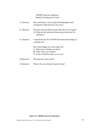 Wetland Ecosystem Services: A Use Value Economic Evaluation 79
MODOT Interview Questions
Method of Conduction: E-mails
7) Question: How much does it cost to repair flood damaged roads?
A) Question: What does this cost cover?
8) Question: Does the road classification type affect the cost of repairs?
A) What are the road classification types in the area I’m
looking at?
9) Question: I noticed that the Meet MoDOT document listed bridges as
a separate cost.
How many bridges are in the study area?
A) What types of bridges are these?
B) What is the cost of repair?
C) Is the re-build the same cost as new?
10) Question: Who pays for county roads?
11) Question: What is the cost estimate for gravel roads?
Figure X.6 MODOT Interview Questions
 