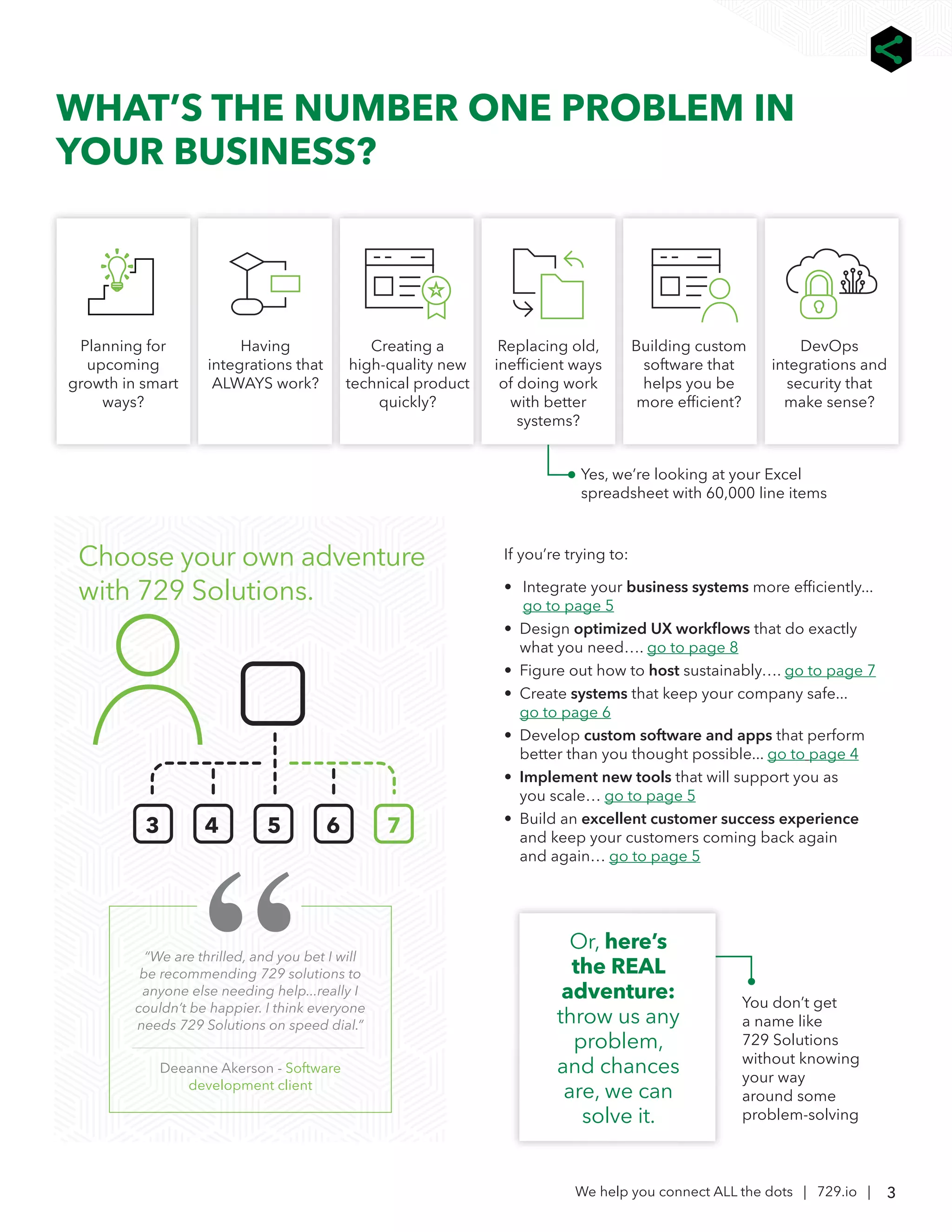 3
We help you connect ALL the dots | 729.io |
WHAT’S THE NUMBER ONE PROBLEM IN
YOUR BUSINESS?
If you’re trying to:
• 	Integrate your business systems more efficiently...
go to page 5
• Design optimized UX workflows that do exactly
what you need…. go to page 8
• Figure out how to host sustainably…. go to page 7
• Create systems that keep your company safe...
go to page 6
• Develop custom software and apps that perform
better than you thought possible... go to page 4
• Implement new tools that will support you as
you scale… go to page 5
• Build an excellent customer success experience
and keep your customers coming back again
and again… go to page 5
Choose your own adventure
with 729 Solutions.
 Planning for
upcoming
growth in smart
ways?
 Having
integrations that
ALWAYS work?
 Creating a
high-quality new
technical product
quickly?
 Replacing old,
inefficient ways
of doing work
with better
systems?
Yes, we’re looking at your Excel
spreadsheet with 60,000 line items
You don’t get
a name like
729 Solutions
without knowing
your way
around some
problem-solving
3 4 5 6 7
Building custom
software that
helps you be
more efficient?
 DevOps
integrations and
security that
make sense?
“We are thrilled, and you bet I will
be recommending 729 solutions to
anyone else needing help...really I
couldn’t be happier. I think everyone
needs 729 Solutions on speed dial.”
Deeanne Akerson - Software
development client
Or, here’s
the REAL
adventure:
throw us any
problem,
and chances
are, we can
solve it.
 