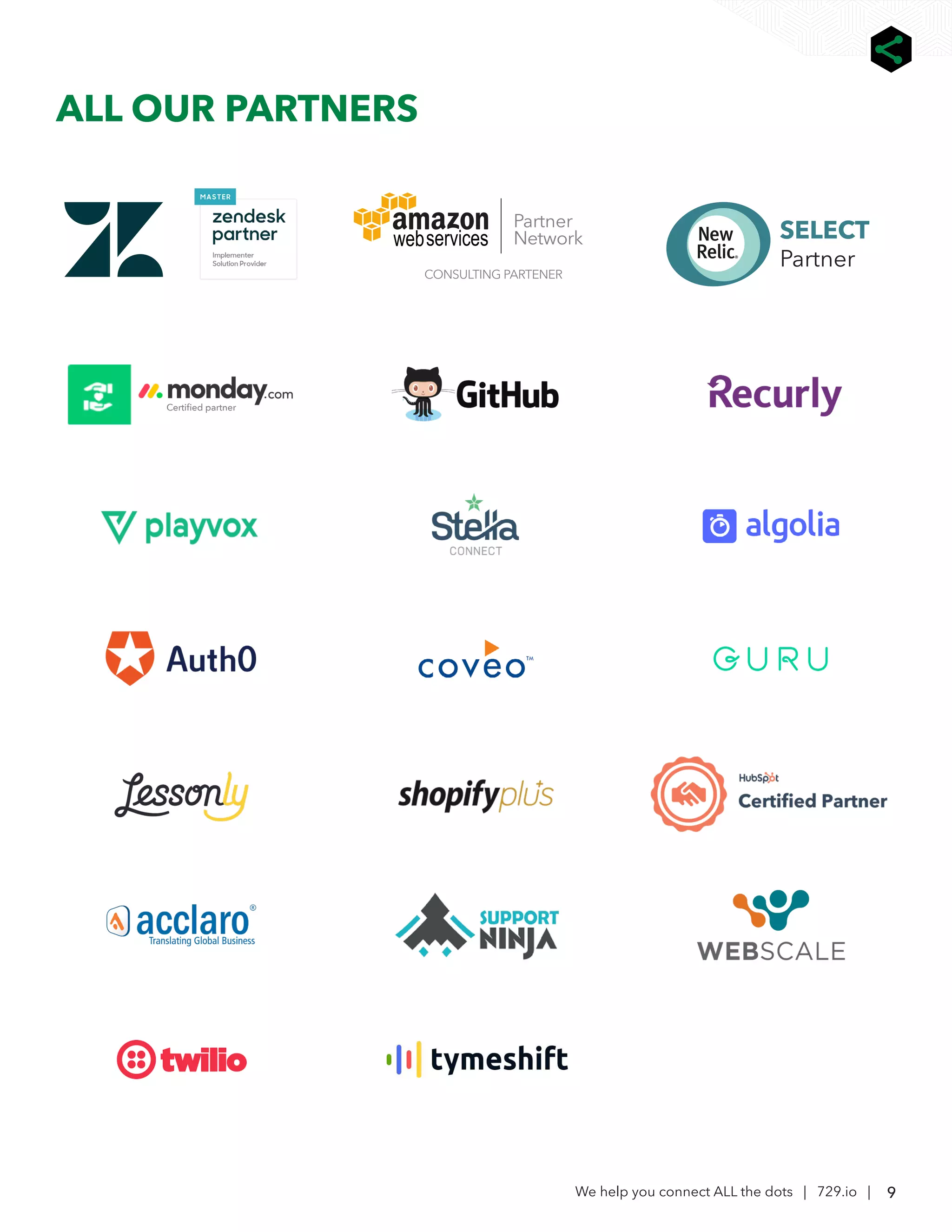 9
We help you connect ALL the dots | 729.io |
ALL OUR PARTNERS
Partner
Network
CONSULTING PARTENER
SELECT
Partner
Certified partner
 
