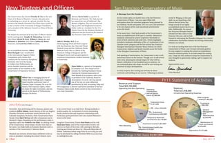 New Trustees and OfficersNew Trustees and Officers San Francisco Conservatory of Music
FALL 2011 7
Expenses
Total $21,818,000
Unrestricted Operating Expenses
Revenue and Support
Total $25,765,000
Operating and Non-Operating
*Non-Operating
7%
4%
12%
10%
7%
14%
7%
4%
12%
59%
Gross Tuition
and Fees
$15,255,000
Temporarily Restricted
Contributions $3,118,000*
Endowment draw
$1,815,000
34%
Instruction
$7,302,000
26%
Scholarships
$5,710,000
Fundraising
$962,000
General
Management
and
Administrative
$2,556,000
Maintenance of
Plant and Interest
$2,228,000
Depreciation $1,577,000
Other program
related $1,483,000
2% - Other $504,000
1% - Endowment
Contributions $363,000*
Investment Income $1,001,000*
1% - Postretirement health plan
obligation $129,000*
Operating
Contributions
and net special
events $3,580,000
FY11 Statement of Activities
Total Change in Net Assets $3,947,000
6
A Message from the President
As the curtain opens on another year at the San Francisco
Conservatory of Music, I am once again filled with
anticipation about the abundant programs being planned by
our students, faculty and guests. The 2011-2012 year promises
to be one of great artistic and educational achievements
across the board.
At the same time, I look back proudly at the Conservatory’s
many accomplishments of the past 12 months. Admissions
standards continued to achieve impressive thresholds in
terms of both selectivity and yield rates. Artistic highlights
included a landmark celebration of the 25th
anniversary of our
chamber music program and the first annual San Francisco-
Shanghai International Chamber Music Festival, for which
Conservatory students and faculty traveled across the Pacific
to the Shanghai Conservatory of Music.
And speaking of anniversaries, the Conservatory’s own 100th
anniversary looms on the horizon. Though 2017 is still several
years away, planning has already begun for what will be a
historic celebration of our hundred years in existence. As
our centennial plans take shape, we will be sure to keep you
informed of major developments.
In many respects, this coming year will also be about
continuity and building on our success. Following an alumni
recital by Weigang Li this past
April, we are launching a full
Alumni Recital Series that
brings several of our highly
accomplished alumni back to our
halls. Additionally, the annual
San Francisco-Shanghai festival
initiated last May comes to San
Francisco this year, and we look
forward to welcoming the Shanghai delegates for a fruitful
collaboration that further bolsters the thriving relationship
between our schools.
It is truly an exciting time here at the San Francisco
Conservatory of Music, and I remain extremely grateful
for your support in making this school an extraordinary
home for musical activity. As we look toward the coming
year, I hope you will continue to keep the Conservatory in
your thoughts by generously making a gift to support our
students.
Appreciatively yours,
Colin Murdoch
November. Also performing will be alumnus, pianist and
conductor Jeffrey Kahane, music director of the Los Angeles
Chamber Orchestra and former artistic director of the
Colorado Symphony Orchestra, while Conservatory Piano
Faculty Chair Mack McCray will offer a humorous nod to
Murdoch’s legacy. Rounding out the performance roster is
legendary opera star Frederica von Stade. An abiding friend
of the Conservatory, which keeps a faculty voice chair in
her name, von Stade holds an honorary doctorate and is a
member of the Conservatory’s Advisory Board.
Murdoch has overseen several major initiatives in his 20
years as president, including the school’s historic move
to its current home at 50 Oak Street. Rising standards in
student quality, the recruitment of several outstanding
faculty teacher-artists and important relationships with
world-class guest performers have also marked Murdoch’s
tenure at the helm.
Longtime Conservatory Trustee Kent Baum and his wife
Marie-José Baum, chair of the Conservatory Society, will
serve as co-chairs of the event, with catering by McCalls,
Catering and Events and décor by J. Riccardo Benavides of
IDEAS. Individual tickets range from $1,000 to $3,500 and
may be purchased by calling Christian Mills at 415.503.6291
or cmills@sfcm.edu.
2012 Gala(cont. from page 1)
The Conservatory has elected Timothy W. Foo as the new
Chair of its Board of Trustees. A music educator prior
to embarking on a career as a private investor, Foo has
served as the Board’s Executive Vice-Chair since 2008. He
is also a trustee of the University of Oregon Foundation
and a member of the Advisory Council on China of Brown
University.
The Board also announced its new slate of officers chosen
for the coming term: Deepika R. Pakianathan, Executive
Vice-Chair; Edward W. Beck, William K. Bowes, Jr., and
Michael R.V. Whitman, Vice Chairs; Joshua M. Rafner,
Treasurer; and Carol Pucci Doll, Secretary.
An accomplished musician, Eileen
Blum-Bourgade was a semifinalist
at the International Paganini Violin
Competition and a former first
violinist with the American Symphony
Orchestra. She is on the faculty
at Golden Gate Philharmonic, an
active chamber musician and the
proud mother of two students in the
Conservatory’s Preparatory Division.
Robert Cory is managing director of
Oxbow Bend Holdings and a longtime
board member and former chair of
Paterson Paper Company. He is on the
board of San Francisco Opera, where
he chairs the Adler Committee, and has
served on the board of Philharmonia
Baroque Orchestra.
Attorney Karen Kubin is a partner at
Morrison and Foerster. The Daily Journal
has named her one of California’s Top
Women Litigators, Top 100 Lawyers and
Top 75 Labor and Employment Lawyers.
Kubin works as a mediator for the U.S.
District Court for the Northern District of
California and has served on the board of
San Francisco Girls Chorus.
Aditi H. Mandpe, M.D. is an
Otolaryngology-Head and Neck surgeon
with San Francisco Ear, Nose and Throat
Medical Group and the California Pacific
Medical Center. She is a fellow of the
American College of Surgeons and the
Triological Society and has participated in
numerous humanitarian medical missions
to Guatemala.
Diane Rubin is a partner at Novogradac
& Company LLP. Prior board service
includes the Auditing Standards Board,
chairing the National Association of
State Boards of Accountancy and a term
as president of the California Board of
Accountancy. In 2006, she was named
one of the top 100 most influential
practitioners by both Accounting Today and
NPA magazines. A director and former president of the San
Francisco Opera Guild, Rubin served on the Conservatory’s
2011 Gala Committee.
 